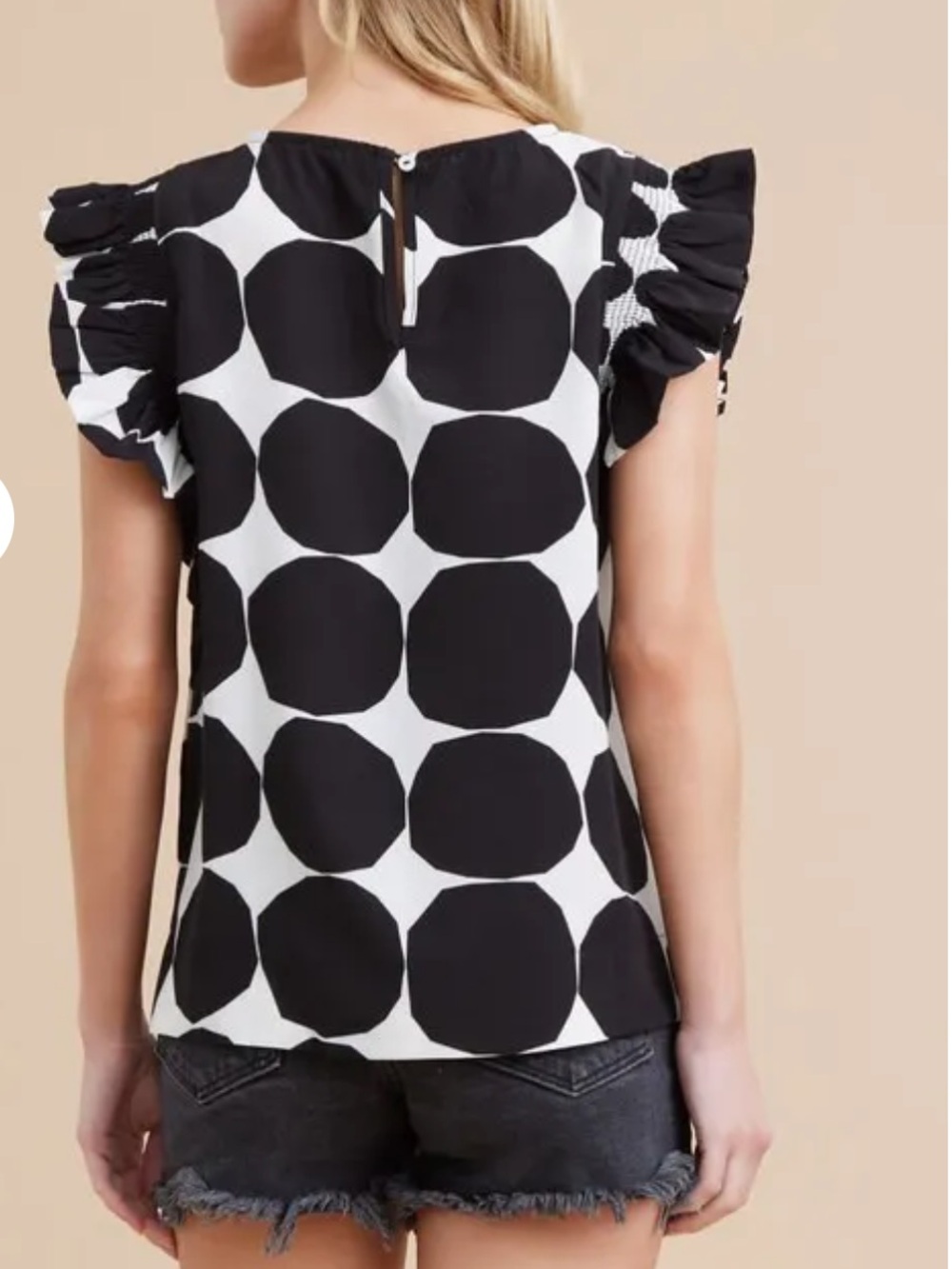 JODIFL Polkadot Ruffle Trim Blouse Top Large NWT $48 Black & White Boutique - Picture 2 of 6